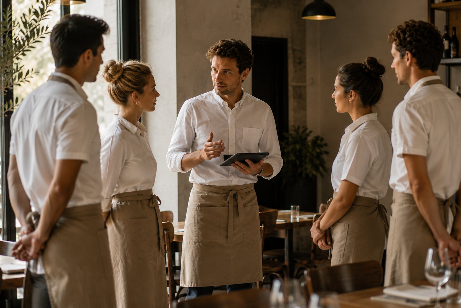 Restaurantteam samles før service med en leder ved bordet
